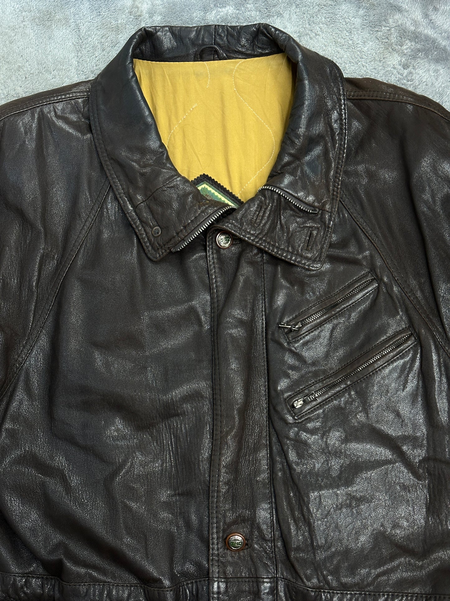 [L] 80s HUGO BOSS Brown Leather Car Coat