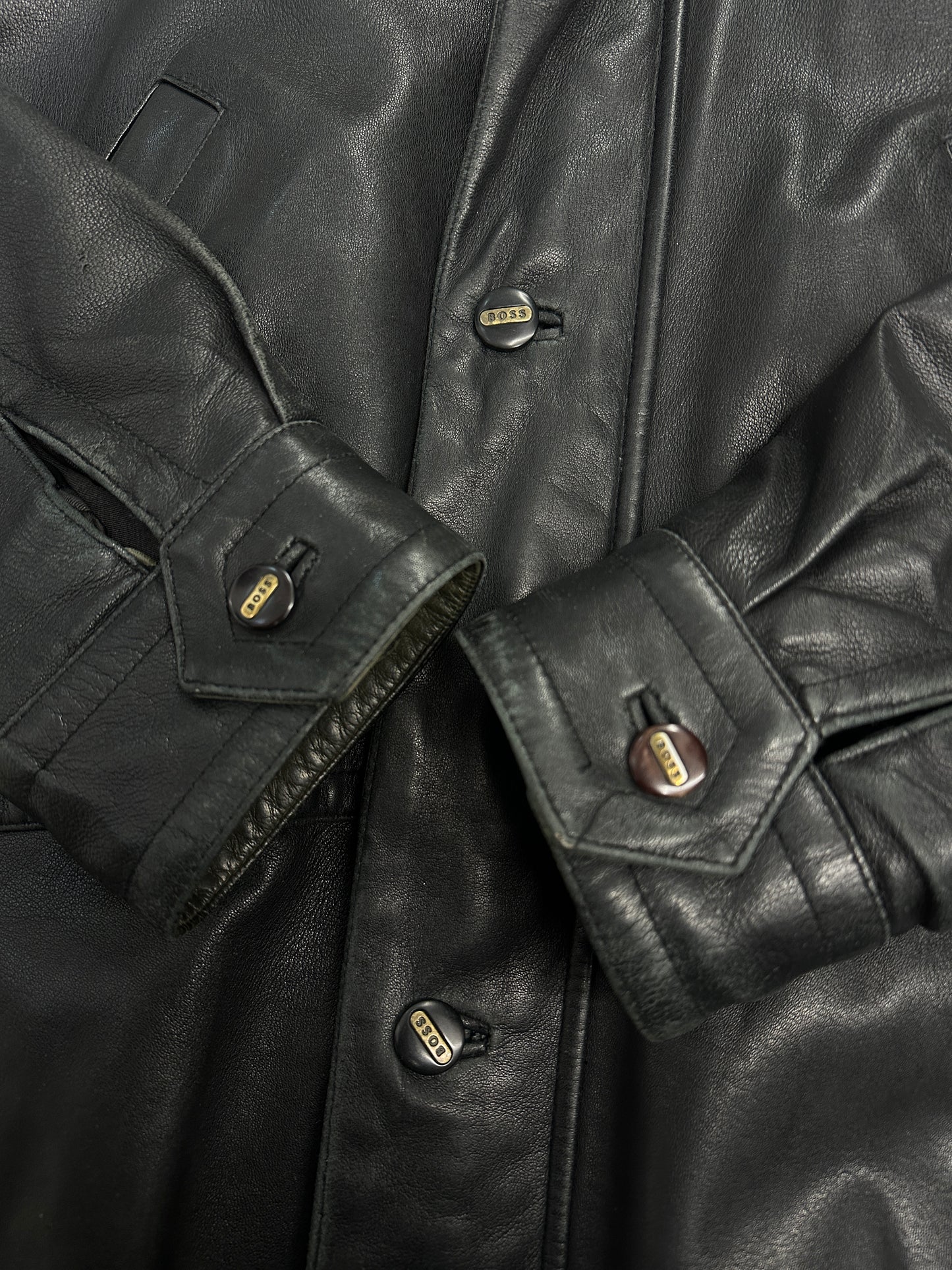 [54] 80s HUGO BOSS Leather Car Coat
