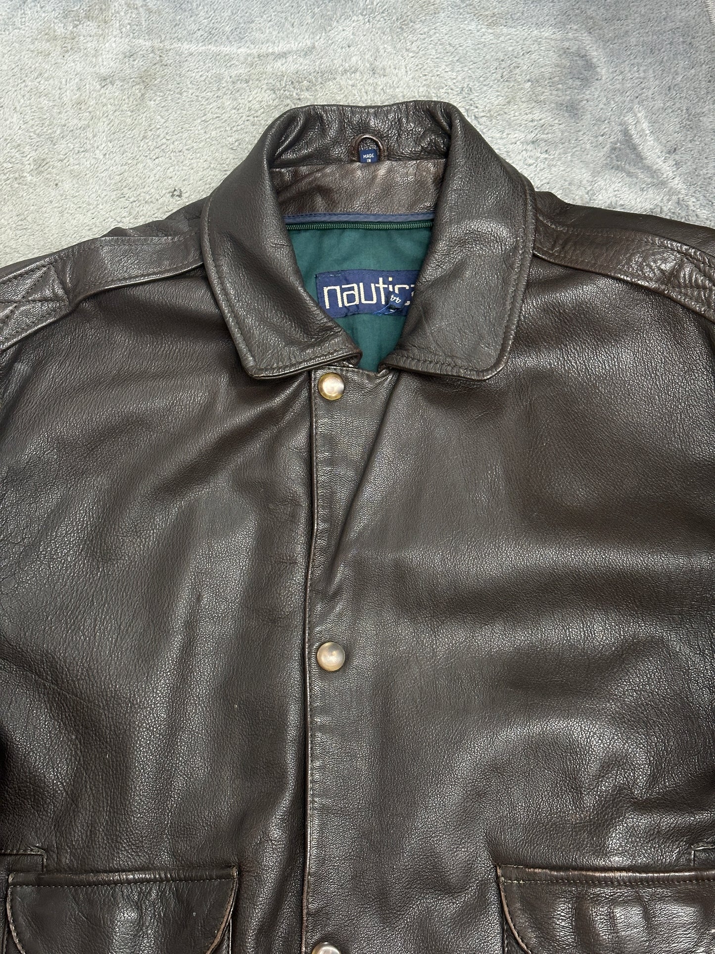 [44] 90s Nautica Brown Leather Bomber Jacket