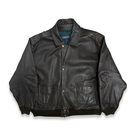 [44] 90s Nautica Brown Leather Bomber Jacket