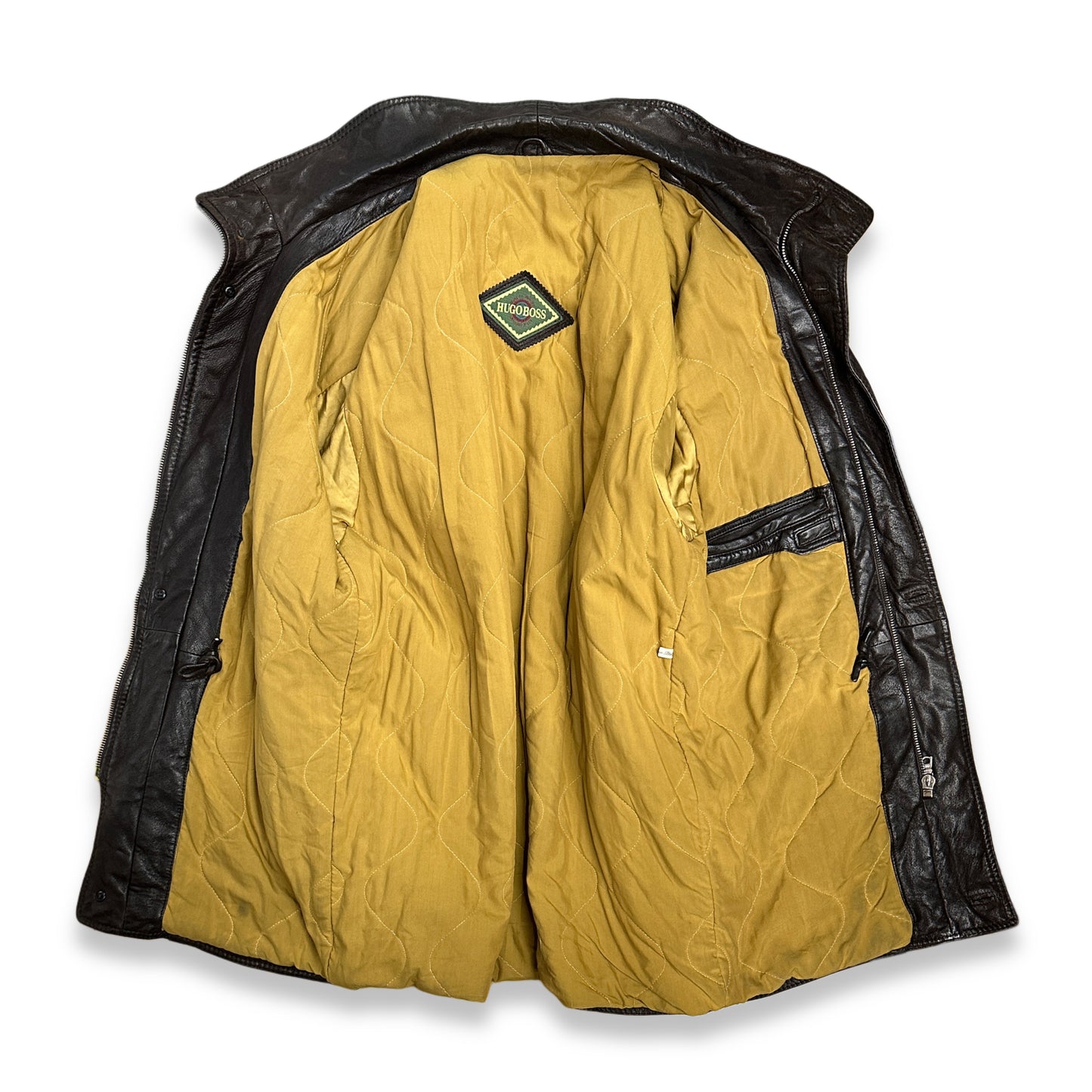 [L] 80s HUGO BOSS Brown Leather Car Coat