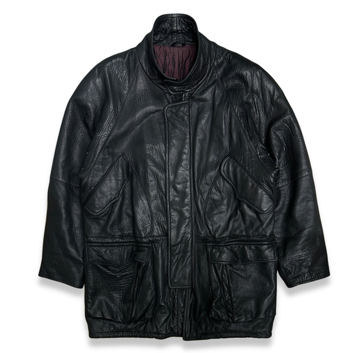 [54] 80s HUGO BOSS High Neck Leather Coat