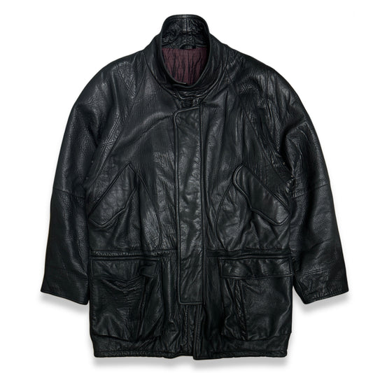 [54] 80s HUGO BOSS High Neck Leather Coat