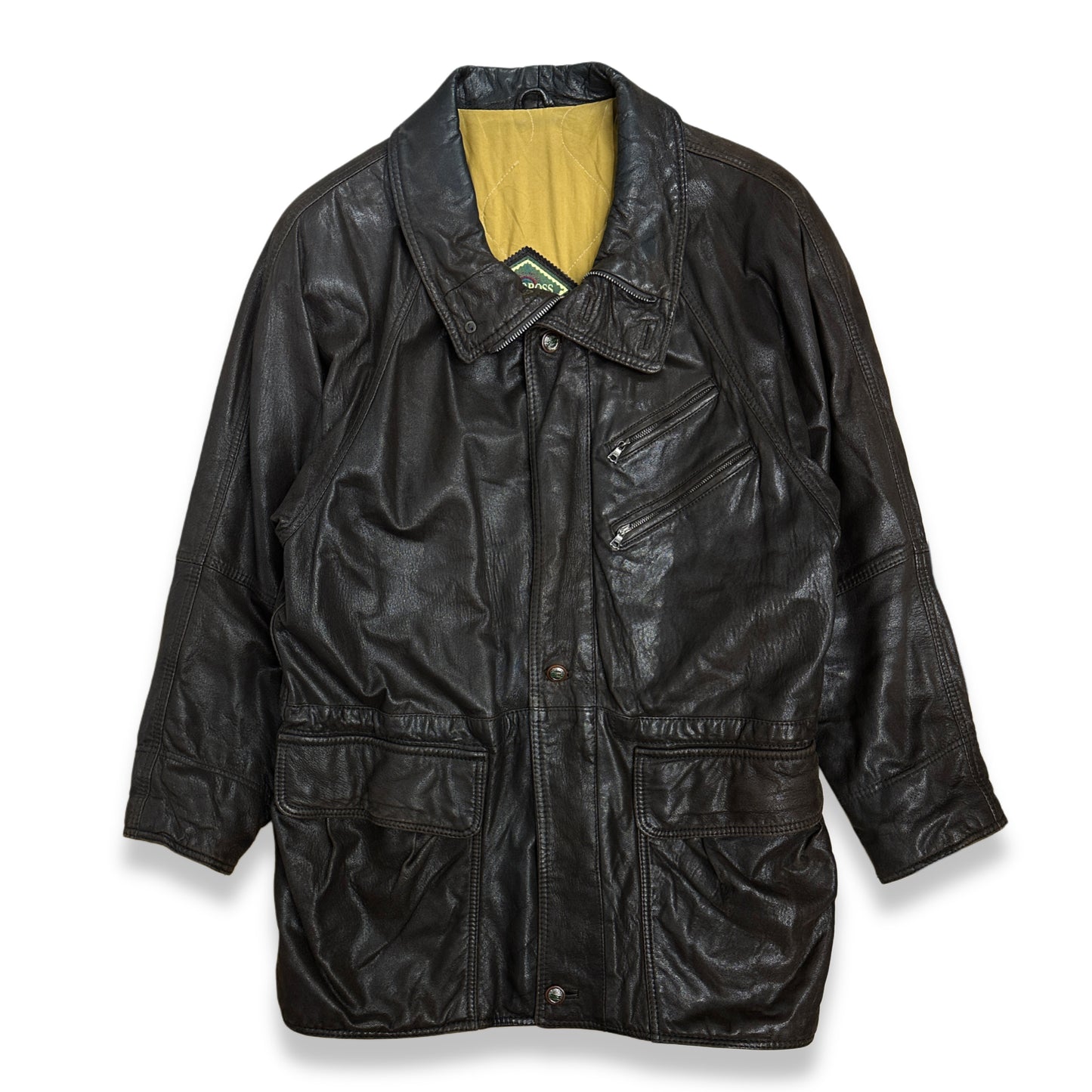 [L] 80s HUGO BOSS Brown Leather Car Coat