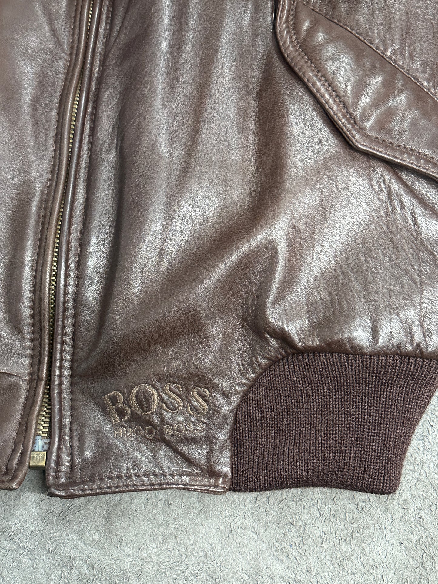 [50] 80s HUGO BOSS Brown Leather Bomber Jacket
