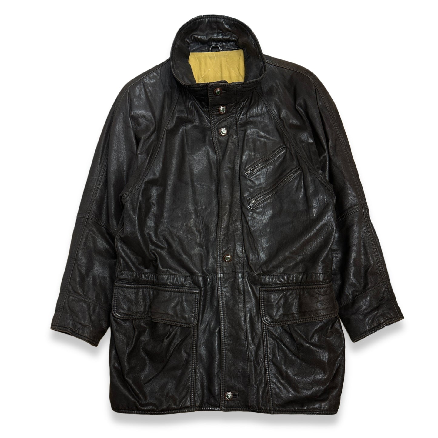 [L] 80s HUGO BOSS Brown Leather Car Coat
