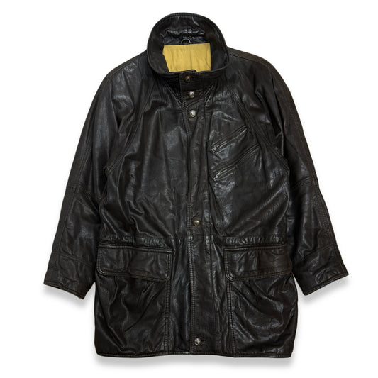 [L] 80s HUGO BOSS Brown Leather Car Coat