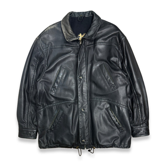 [54] 80s HUGO BOSS Leather Car Coat