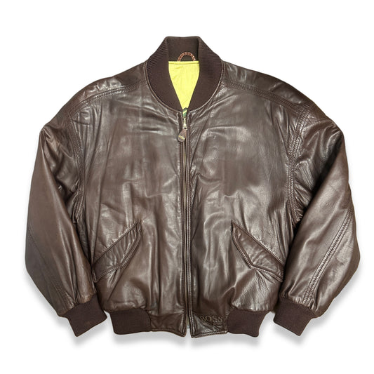 [50] 80s HUGO BOSS Brown Leather Bomber Jacket